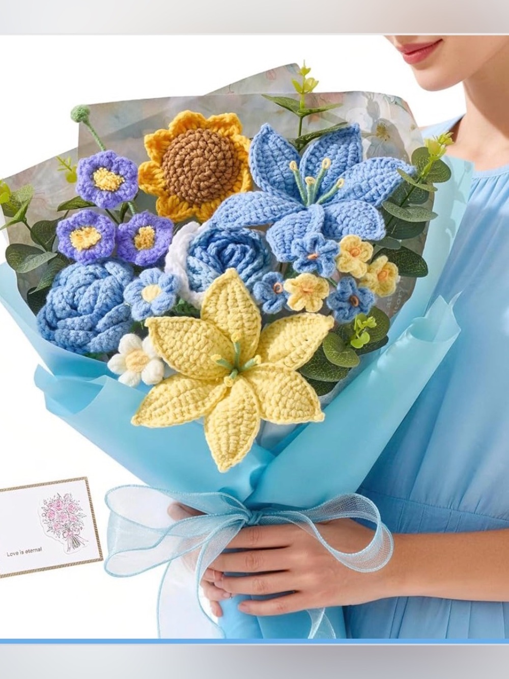 NWT Handmade Blue & Yellow Crochet Flower Bouquet - Knitted Flowers Lily Sunshin